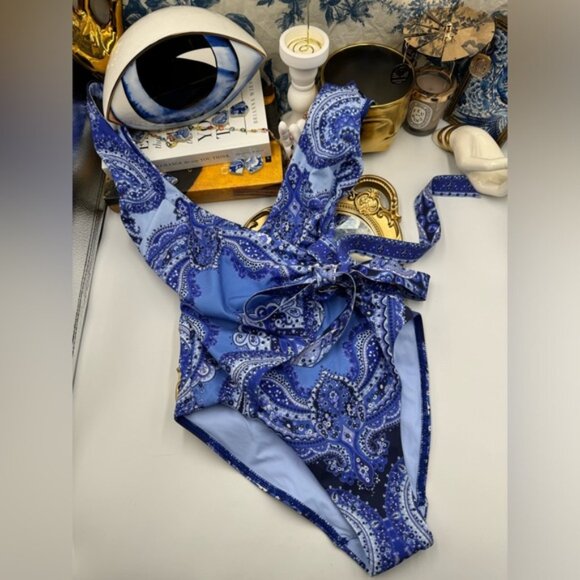 🆕 ZIMMERMANN 🧿 NWOT Wrap-Effect Paisley Print 1PC Swimsuit, Purple, Sz US 2/4 - Picture 13 of 16